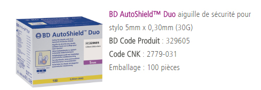 AIGUILLE A STYLO DE SECURITE MAXIMALE BD DUO 5 X 0.33 MM / 329 605 /BTE DE 100